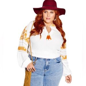 City Chic Spirit Embroidered Top In Ivory/Honey Size 22